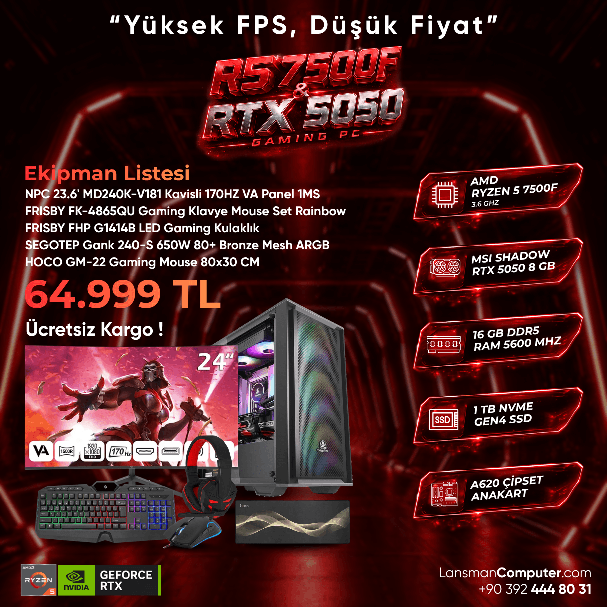 Ryzen 5 7500F RTX 5050 Gaming PC + Monitör + Klavye + Mouse + Kulaklık Set